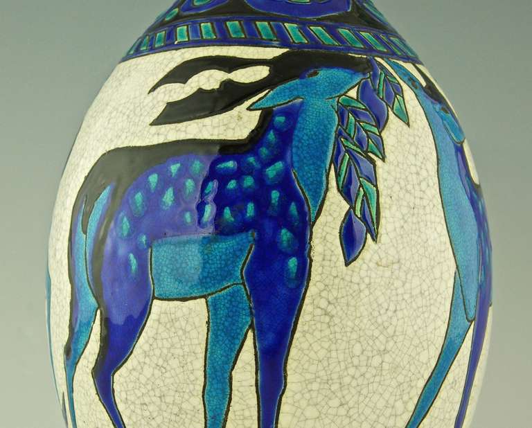 Ceramic Art Deco Vase with Deer by Charles Catteau, Boch Freres, Belgium, 1925