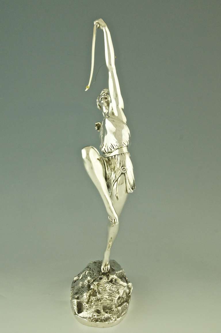 Authentic Art Deco silver plated bronze sculpture of Diana by Pierre Le Faguays.
“Susse Frères Editeurs Paris” written in full and foundry seal.

Size:
 H. 18.3 inch x L. 9.5 inch x W. 4.7 inch.  
 H. 46.5 cm x L. 24  cm. x W. 12 cm.  H. 18.3