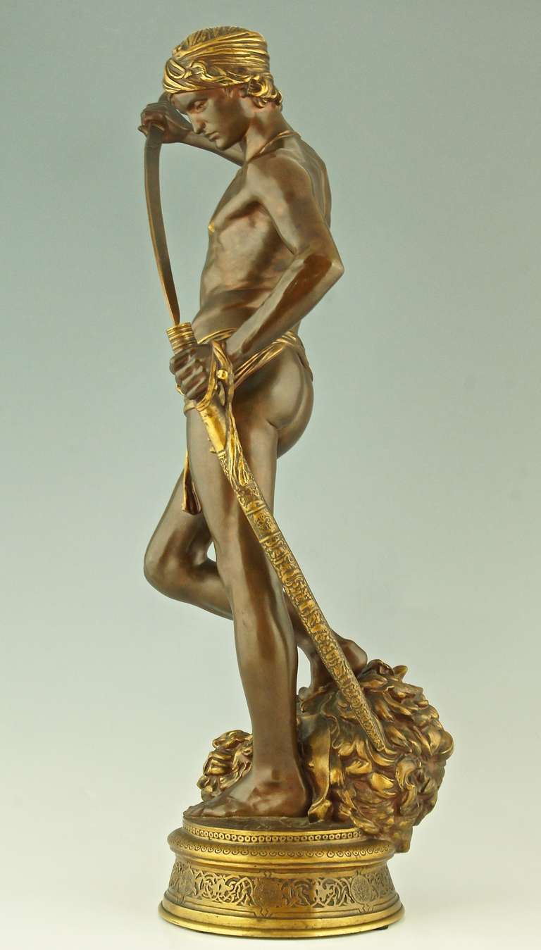 Romantic Antique bronze sculpture David by Antonin Mercie, Barbedienne France 1880