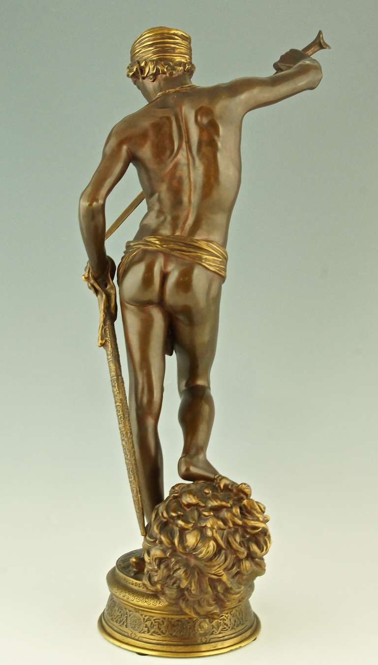 French Antique bronze sculpture David by Antonin Mercie, Barbedienne France 1880