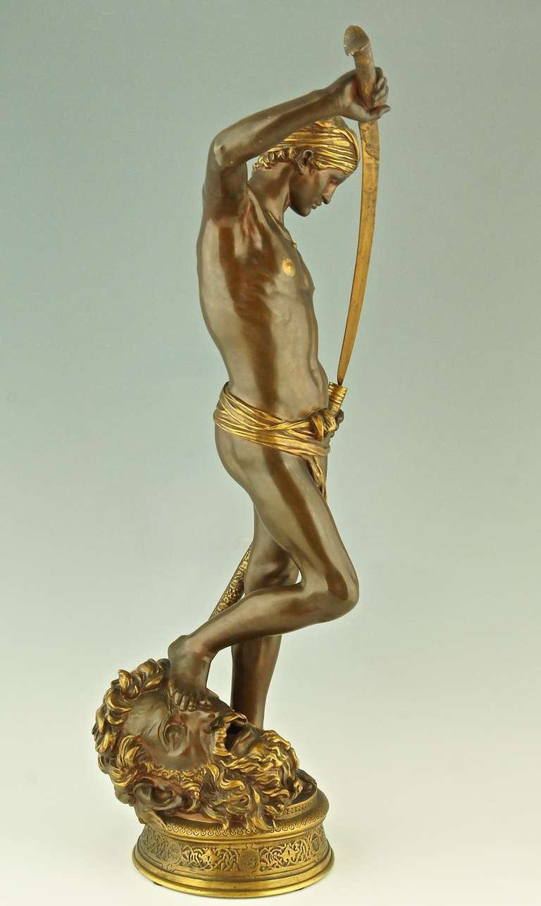 Gilt Antique bronze sculpture David by Antonin Mercie, Barbedienne France 1880