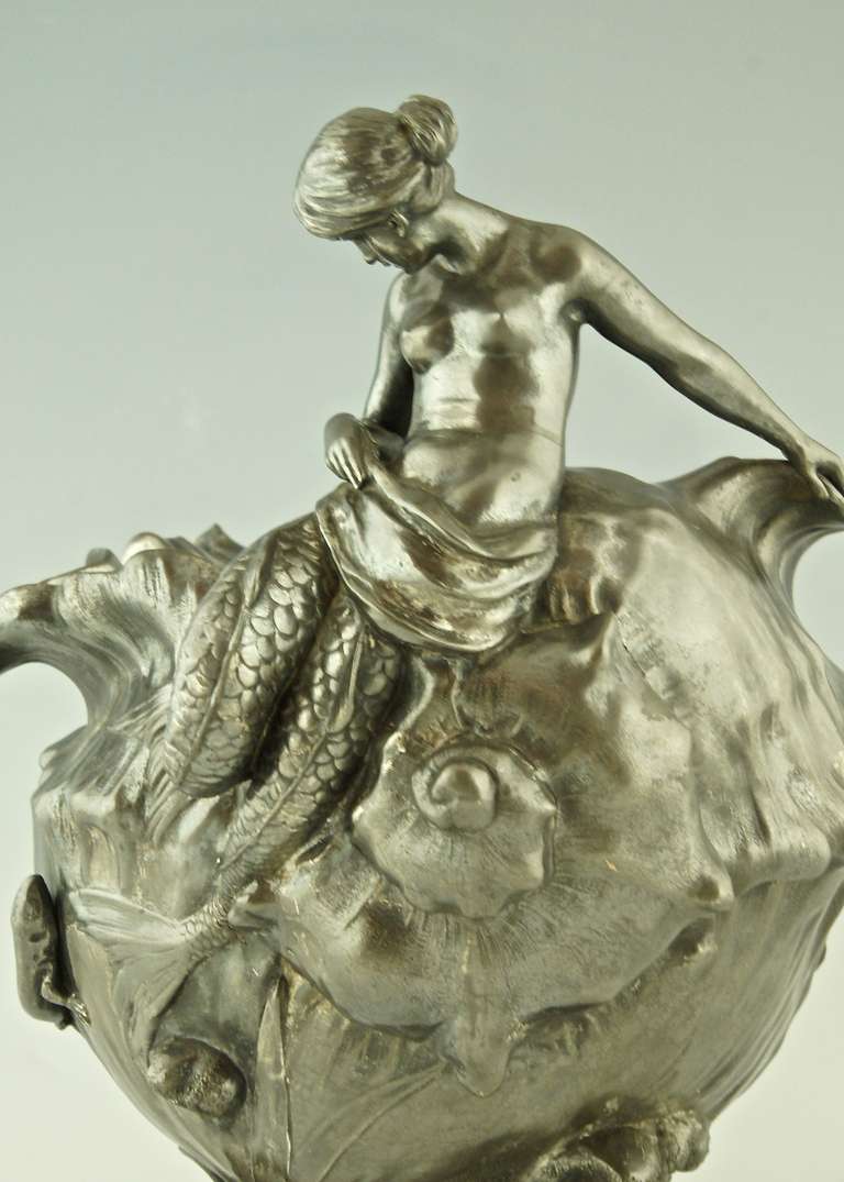 Art Nouveau flower pot with a mermaid designed by Albert Mayer for WMF, 1898. In Good Condition In Antwerp, BE