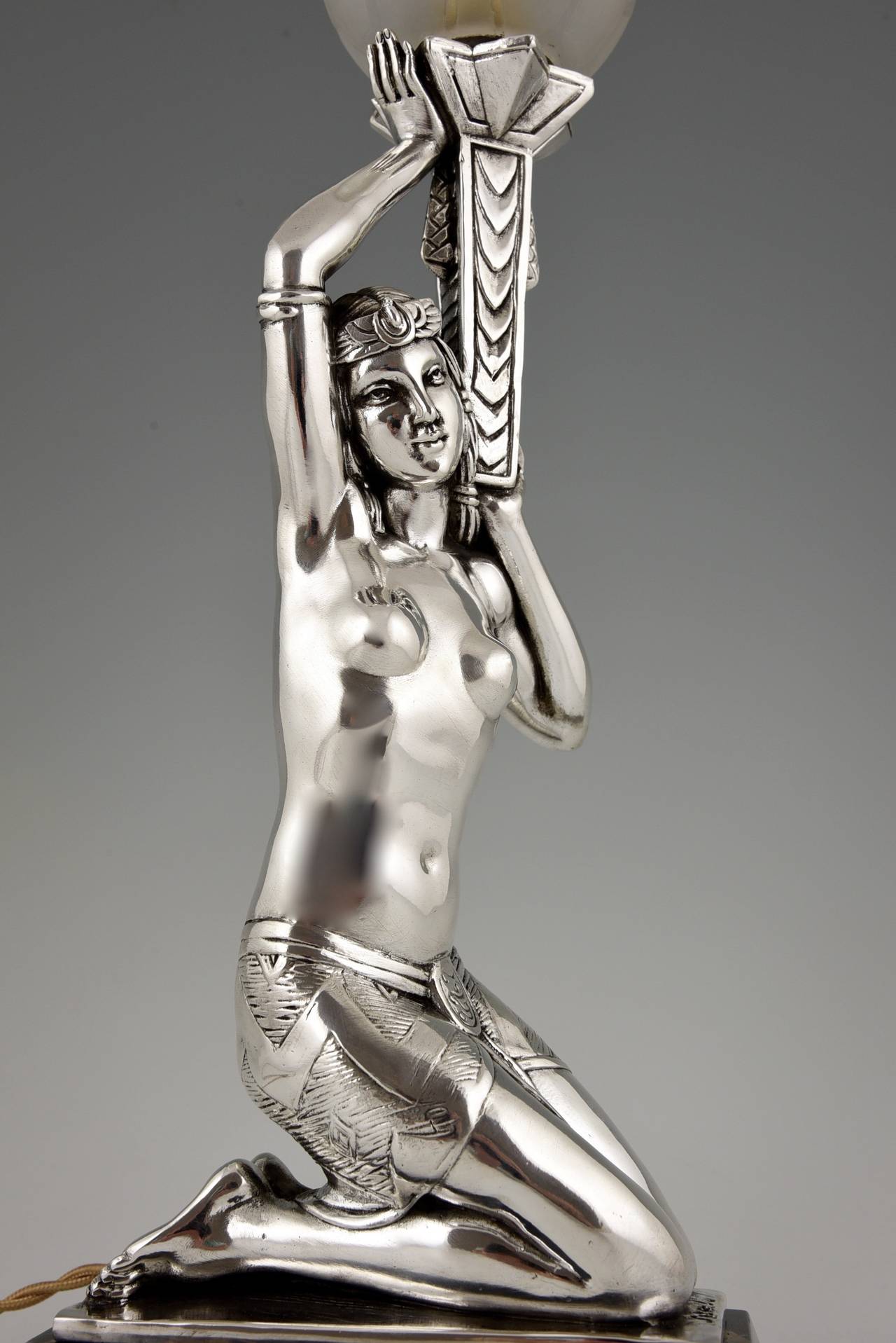 French Art Deco Silvered Lamp with Nude by Salvado, 1930 4