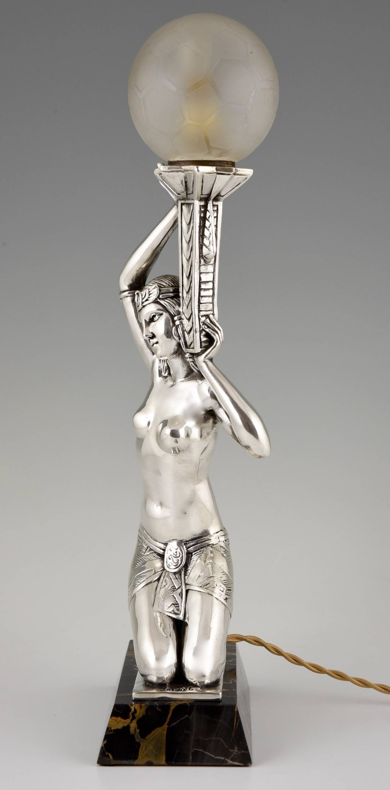 Marble French Art Deco Silvered Lamp with Nude by Salvado, 1930