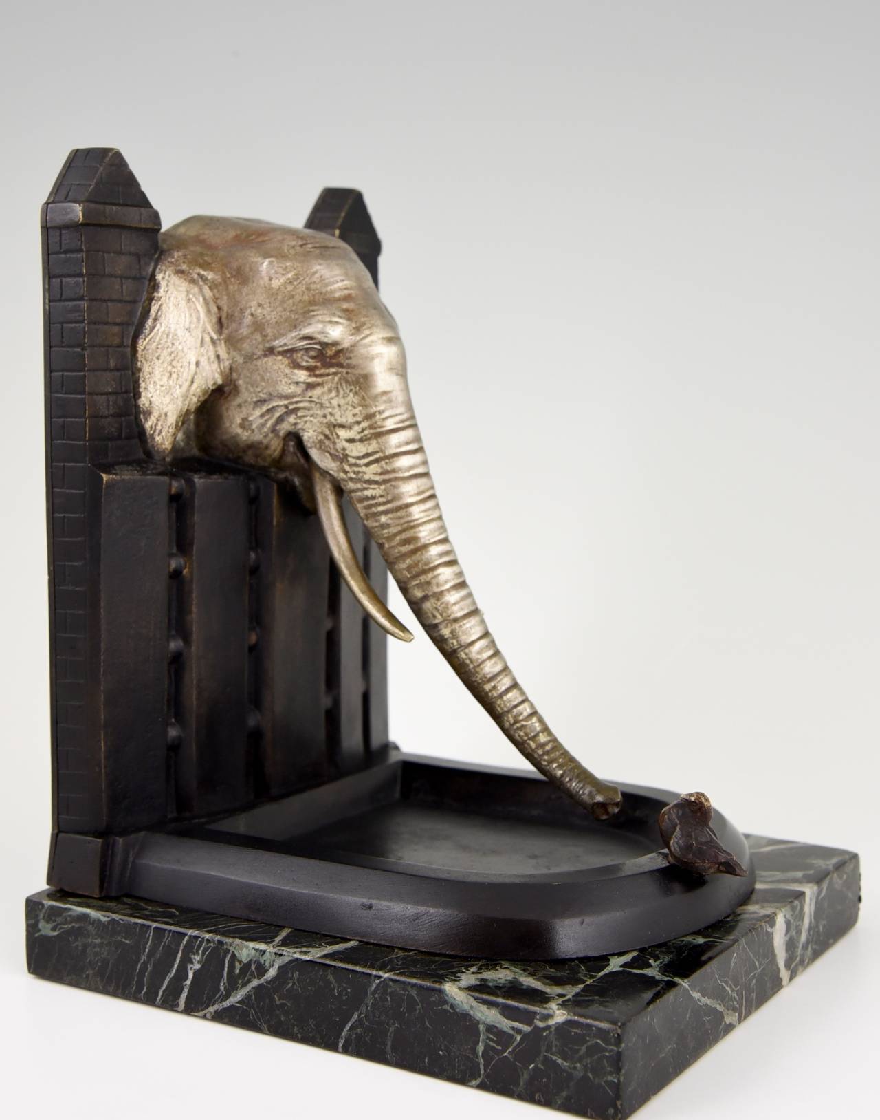 Marble Art Deco bronze elephant bookends by R. Patrouilleau, 1925