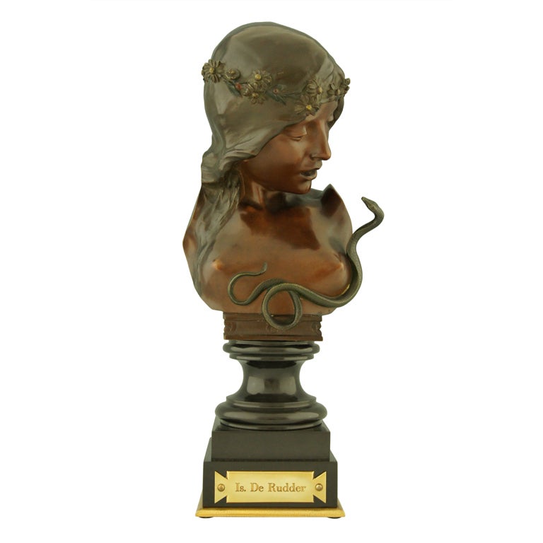 Art Nouveau bronze nude with snake by I. de Rudder.