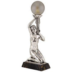 French Art Deco Silvered Lamp with Nude by Salvado, 1930