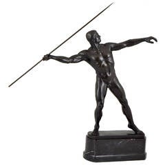 Antique Art Deco Bronze Sculpture of Male Nude with Javelin by K. Mobius, 1910
