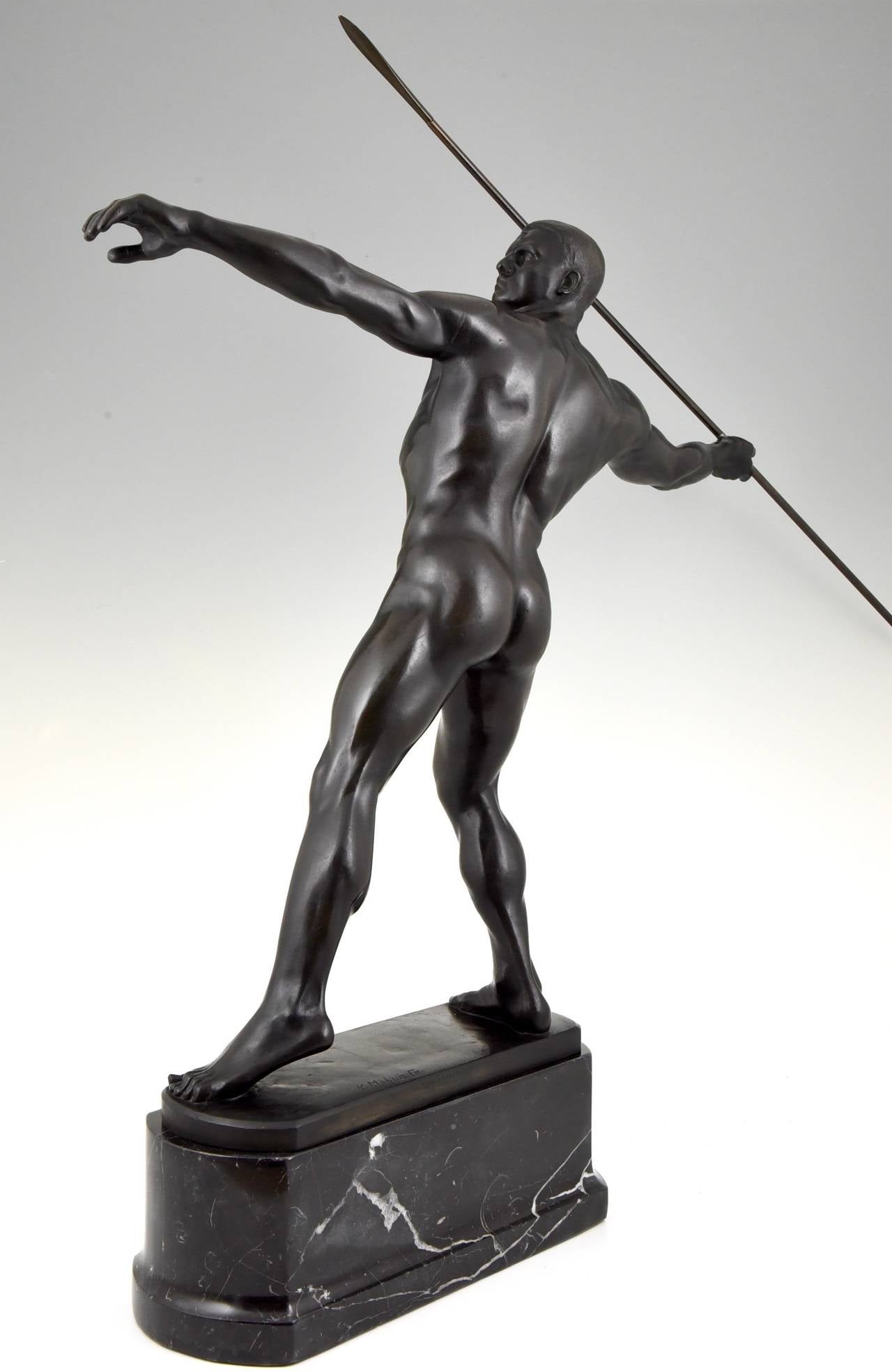 German Art Deco Bronze Sculpture of Male Nude with Javelin by K. Mobius, 1910