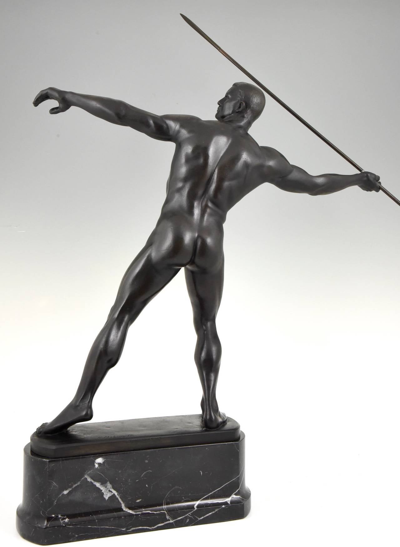 Patinated Art Deco Bronze Sculpture of Male Nude with Javelin by K. Mobius, 1910