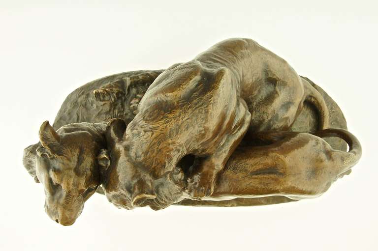 Impressionnante sculpture ancienne en bronze de deux lions par Carles Valton 1