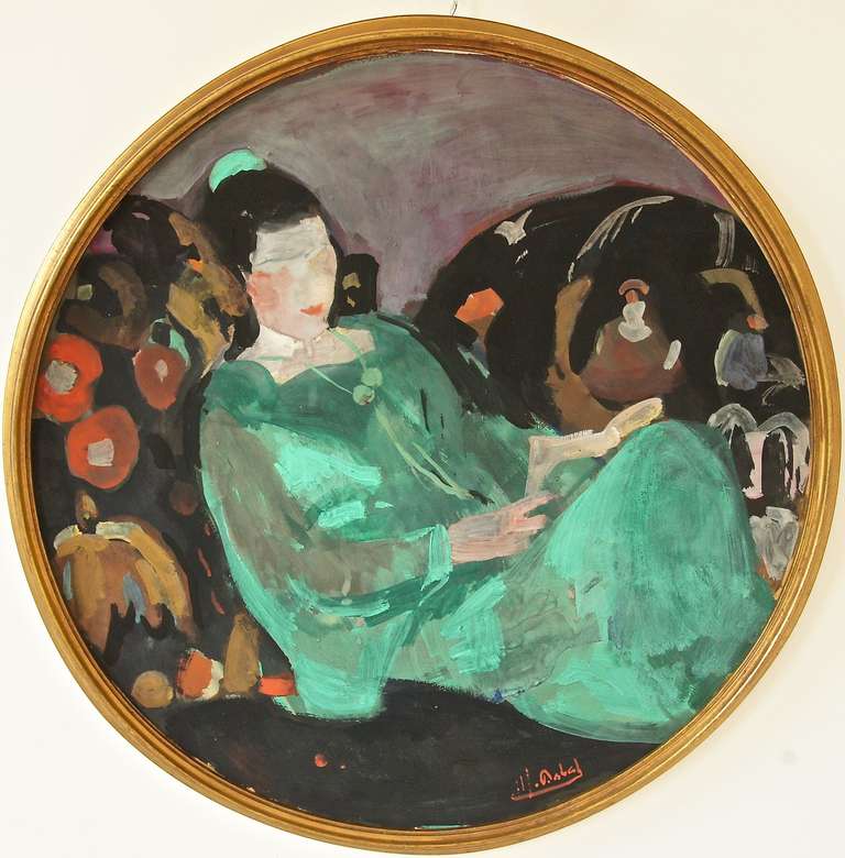 French Pair of Colorful Art Deco Paintings of Women in an Interior by Alfred Dabat