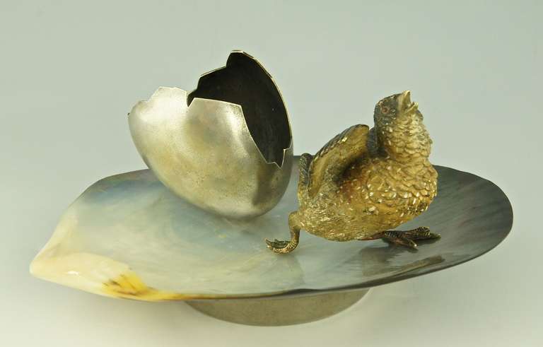 Romantic Vienna Bronze Seashell Tray with Bird and an Egg Shell