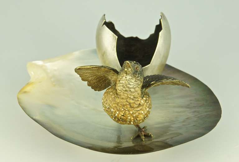 Austrian Vienna Bronze Seashell Tray with Bird and an Egg Shell