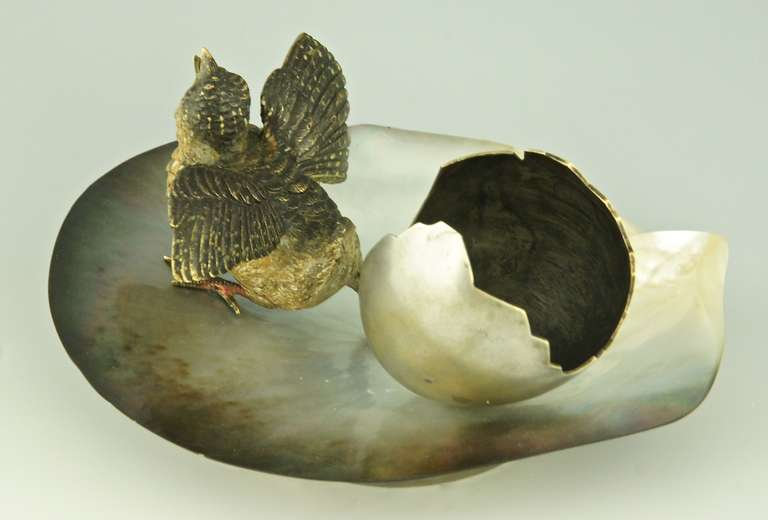 20th Century Vienna Bronze Seashell Tray with Bird and an Egg Shell
