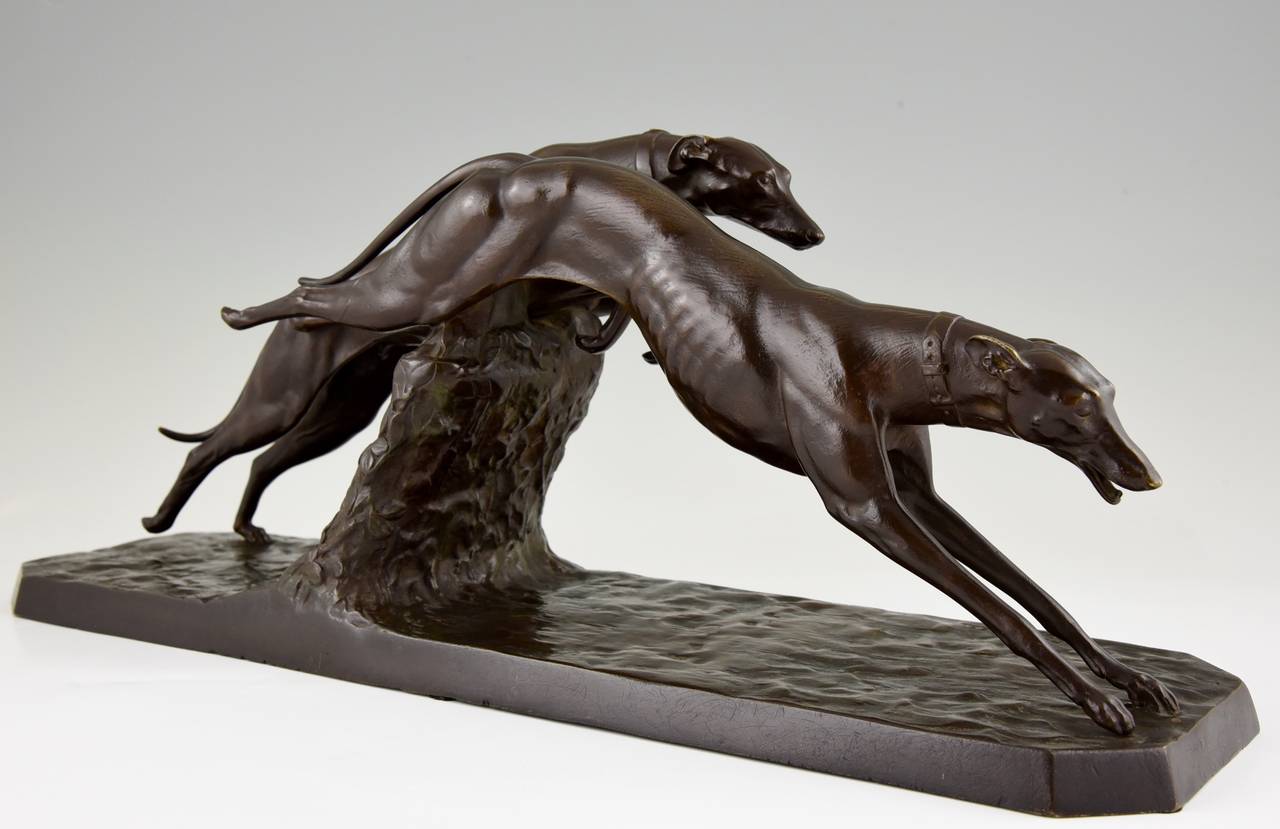 French Art Deco Bronze Sculpture Greyhound Dog Racing by Charles, 1930 France