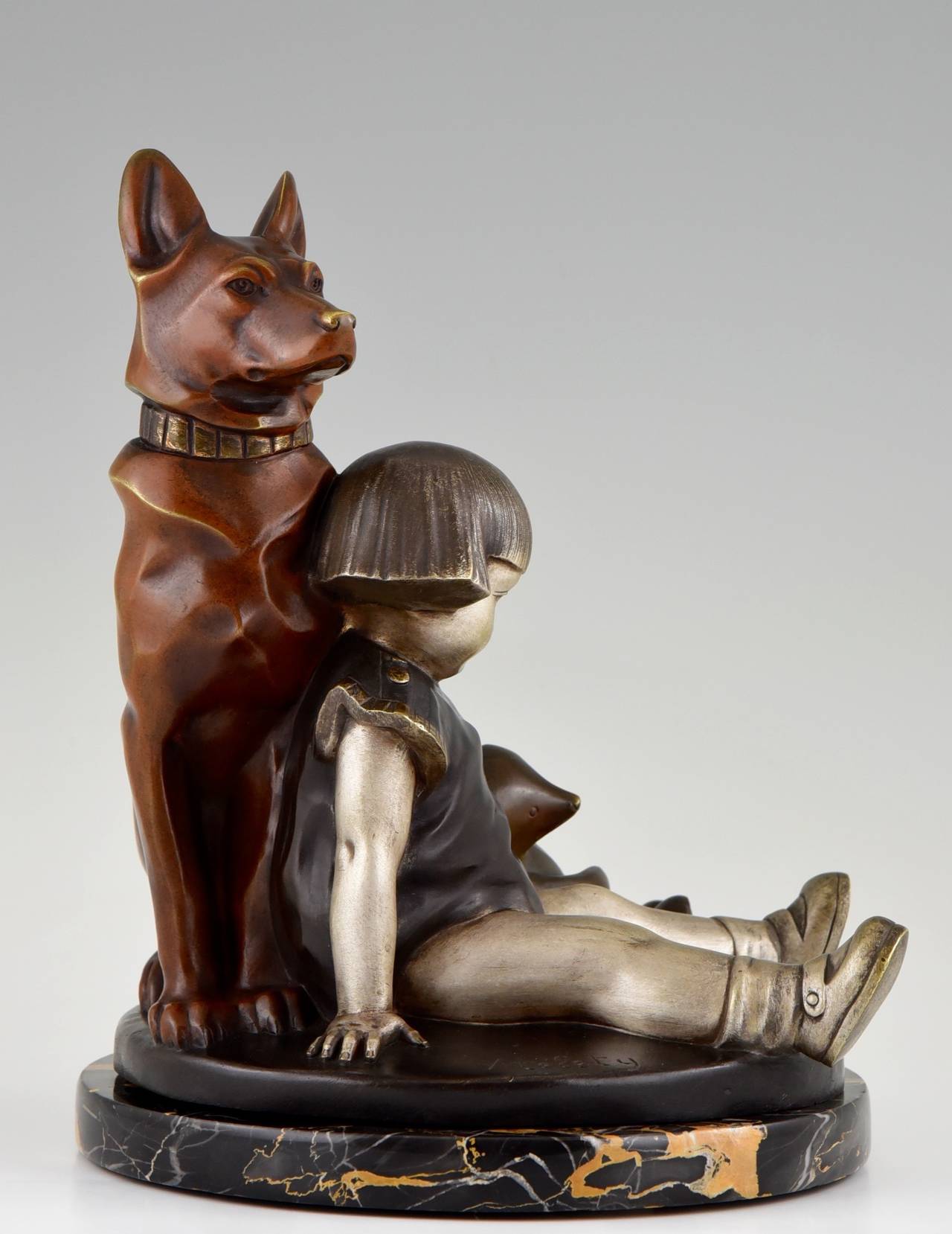 French Art Deco Brone Sculpture Girl with Dog and Teddybear by Kelety 1