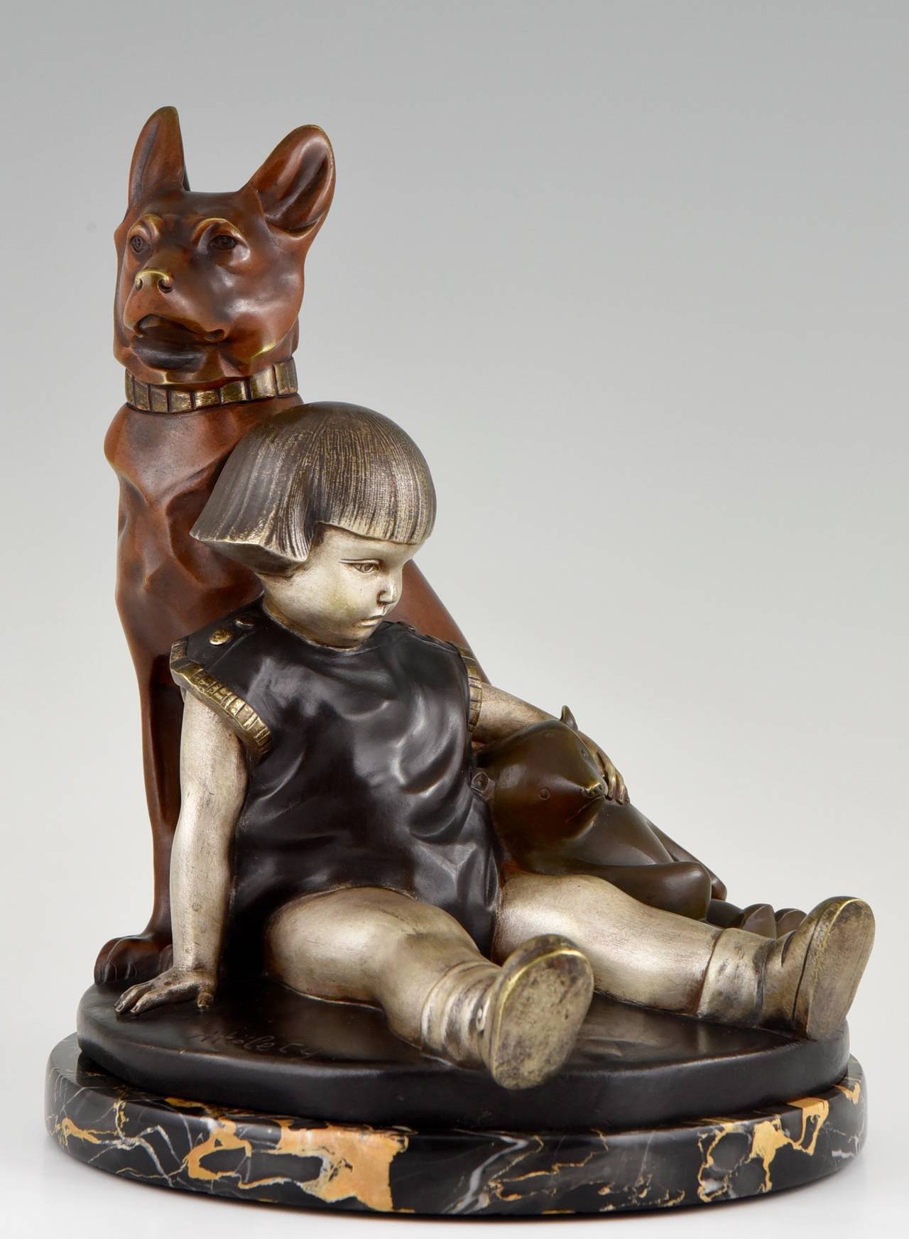 French Art Deco Brone Sculpture Girl with Dog and Teddybear by Kelety In Excellent Condition In Antwerp, BE