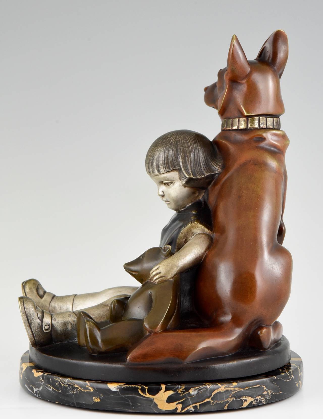 Mid-20th Century French Art Deco Brone Sculpture Girl with Dog and Teddybear by Kelety