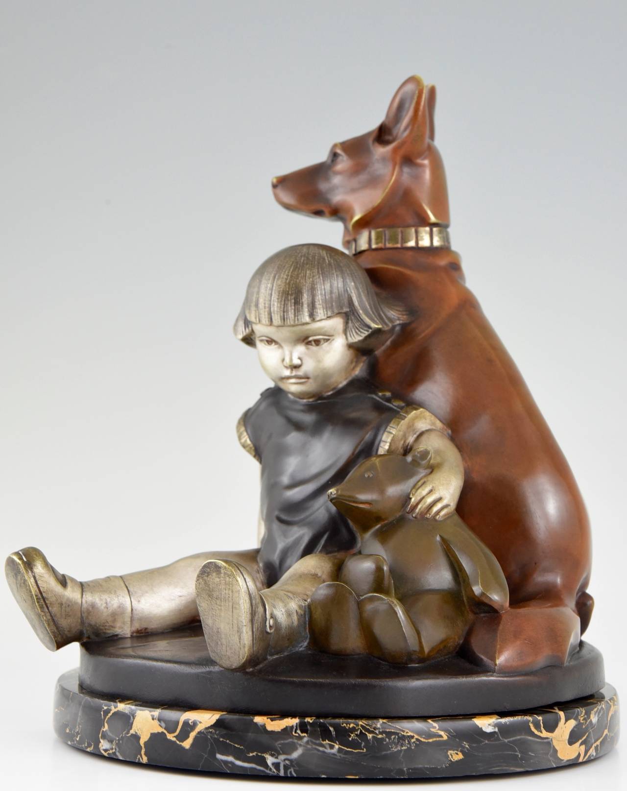 Bronze French Art Deco Brone Sculpture Girl with Dog and Teddybear by Kelety