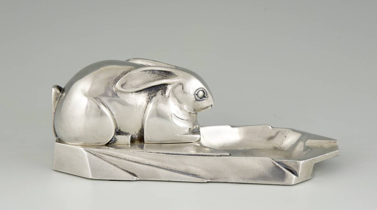 20th Century French Art Deco Silvered Bronze Ashtray with Rabbit by Marionnet, 1930