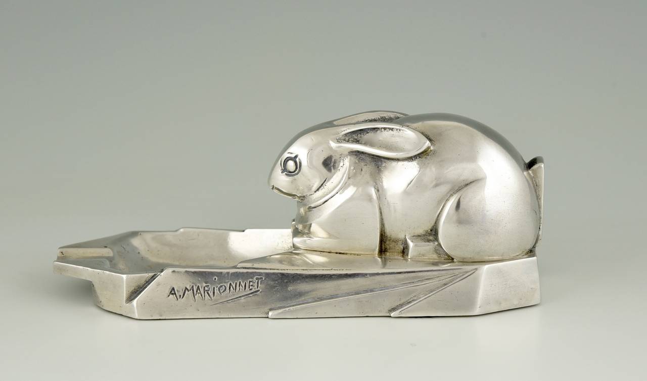 French Art Deco Silvered Bronze Ashtray with Rabbit by Marionnet, 1930 1
