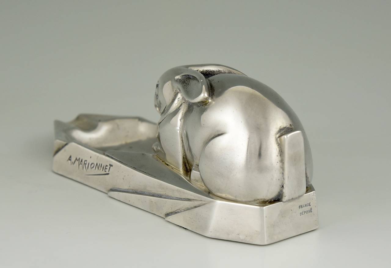 French Art Deco Silvered Bronze Ashtray with Rabbit by Marionnet, 1930 2