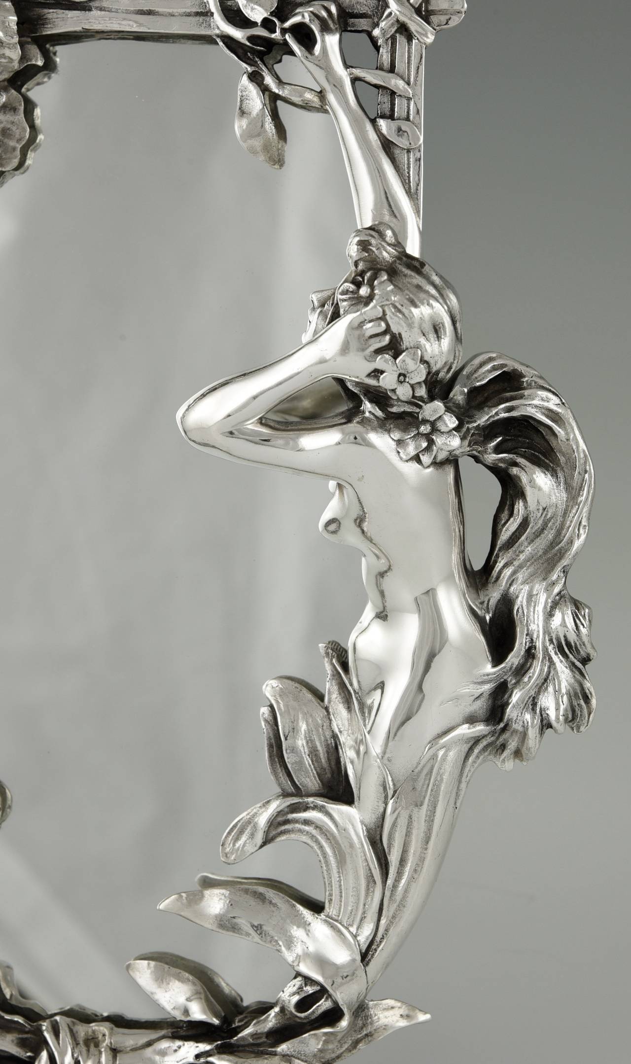 Early 20th Century French Art Nouveau Silvered Table Mirror with Nude by Peyre, 1900
