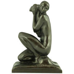 Art Deco Bronze sculpture of a Nude with Shell by A.R. Philippe 1930