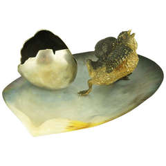 Antique Vienna Bronze Seashell Tray with Bird and an Egg Shell