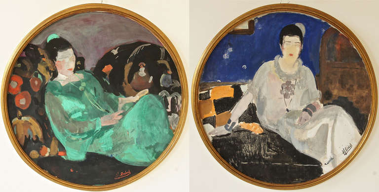 A pair of Art Deco portraits of women in an interior. By Alfred Dabat (Blida 1869 - Antibes 1935). Famous painter whose works are in museums in France and Algeria. He participated in many exhibitions and salons. <br />
Signature: Al. Dabat Date: