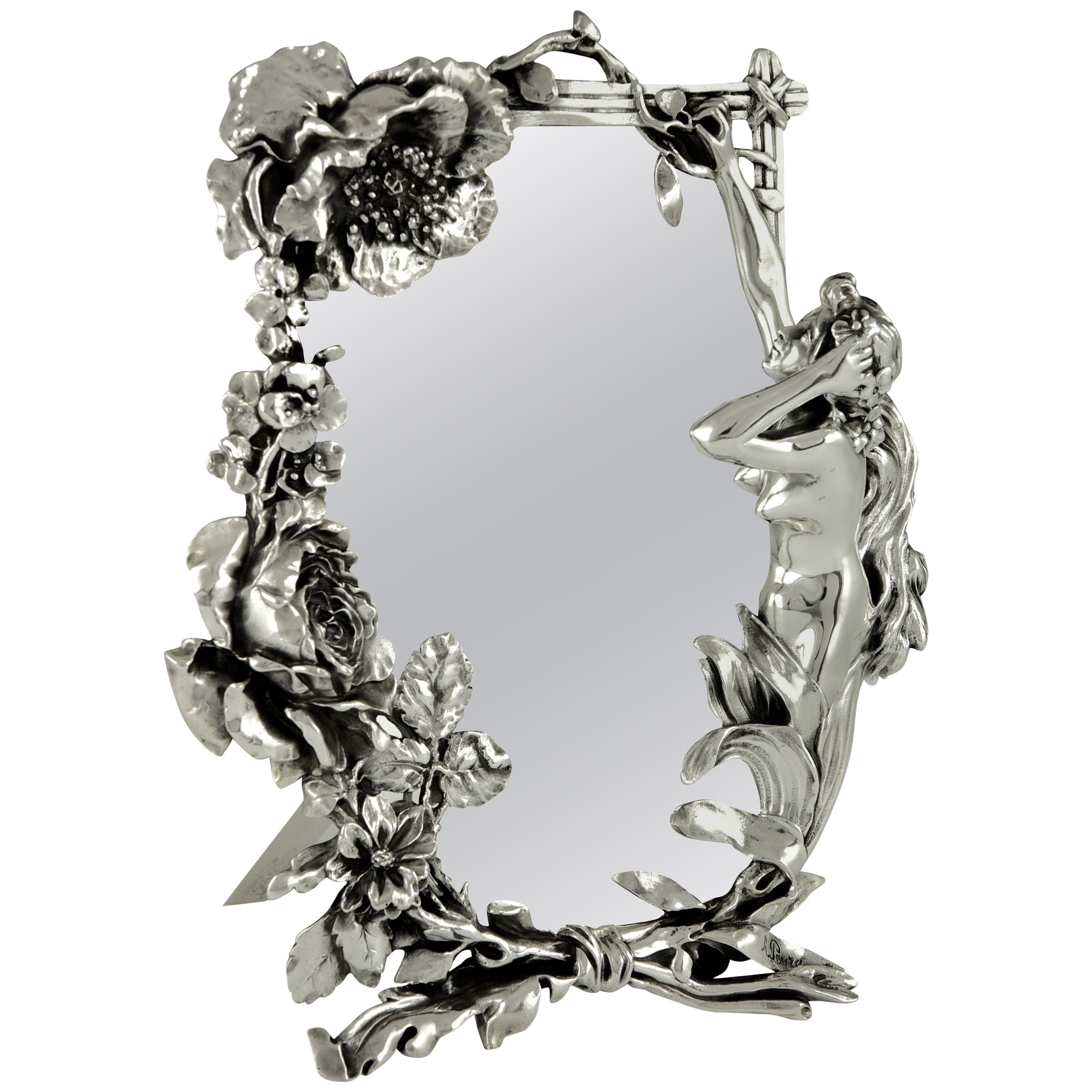 French Art Nouveau Silvered Table Mirror with Nude by Peyre, 1900