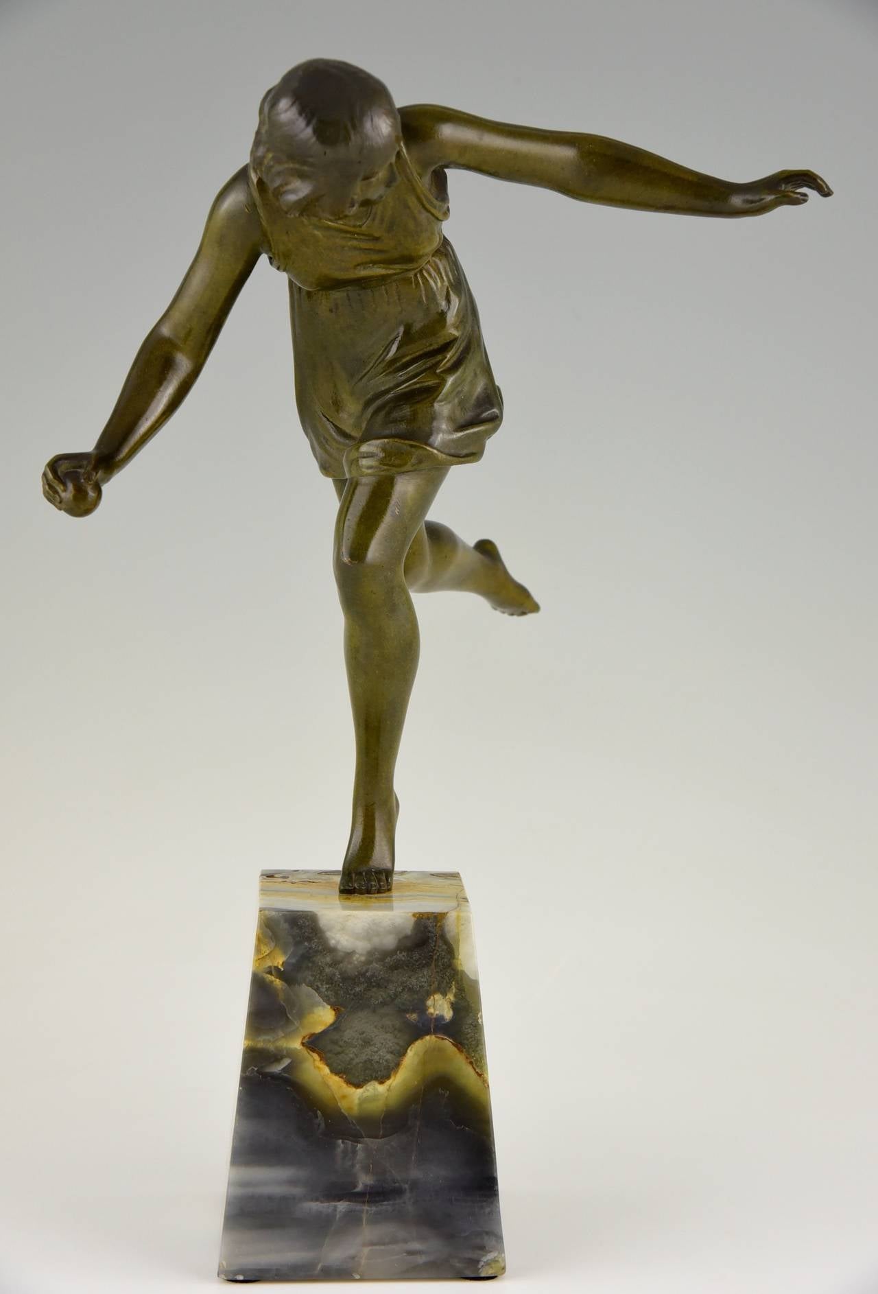 Marble Art Deco Bronze Sculpture of a Girl with Ball by Pierre Le Faguays, 1922      