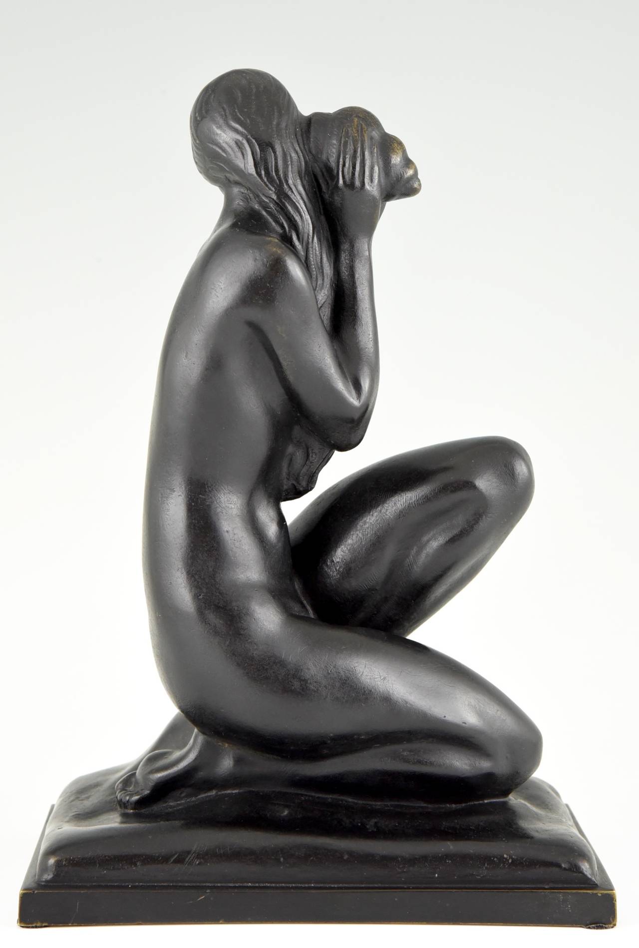 Patinated Art Deco Bronze Sculpture of a Nude with Shell by A. R. Philippe