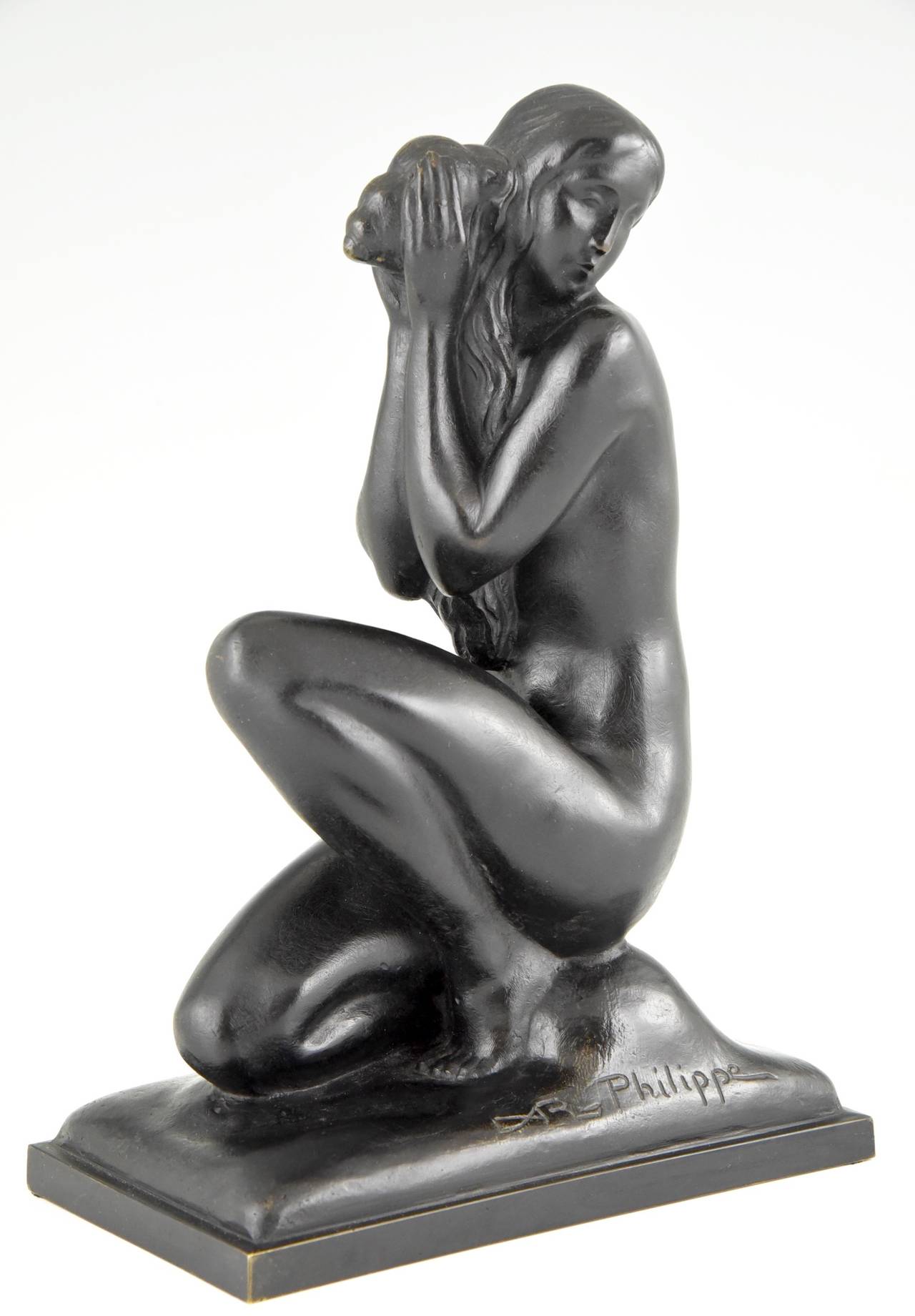 Mid-20th Century Art Deco Bronze Sculpture of a Nude with Shell by A. R. Philippe