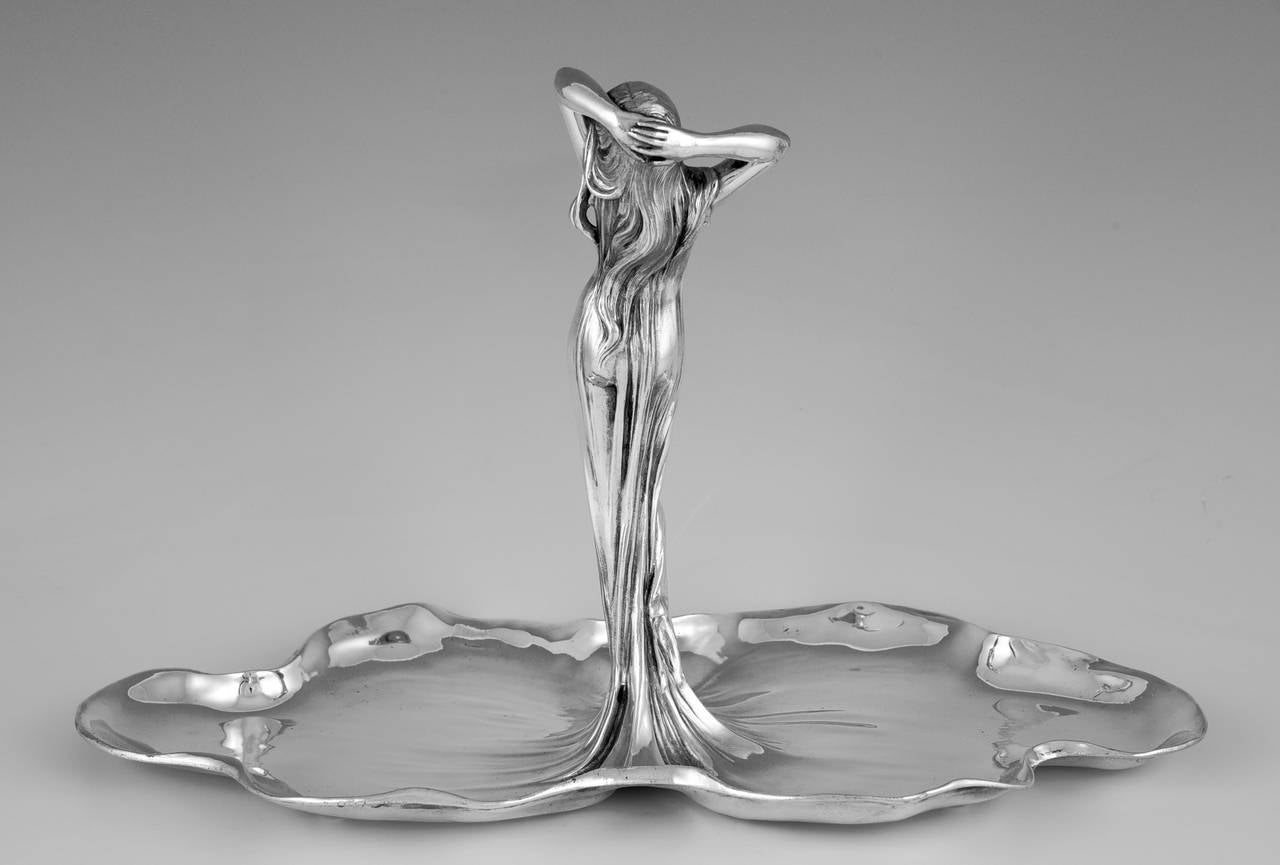 Pewter Art Nouveau Silvered Sweet and Fruit Dish with Nymph by WMF, 1906
