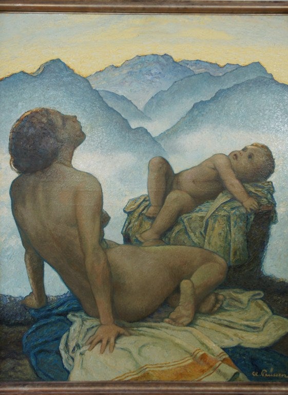 Art Deco painting. Oil on canvas. Nude and child in a mountainous landscape. 
By Clemens Prüssen, born in 1888 Cologne, died in the same city in 1966.
Studied under Franz v. Stuck in München, Eduard von Gebhard in Düsseldorf and Ludwig Dill in