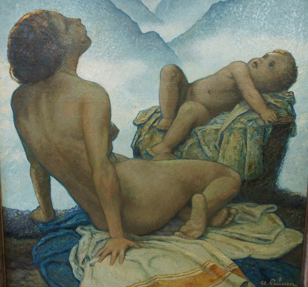 German Art Deco painting nude and child in landscape by Cl. Prüssen