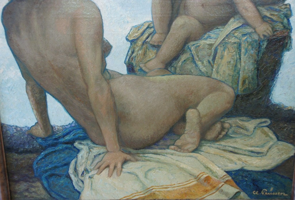 Canvas Art Deco painting nude and child in landscape by Cl. Prüssen