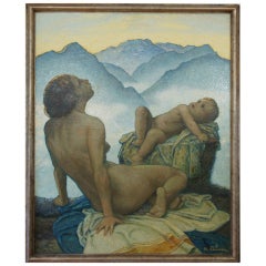 Art Deco painting nude and child in landscape by Cl. Prüssen