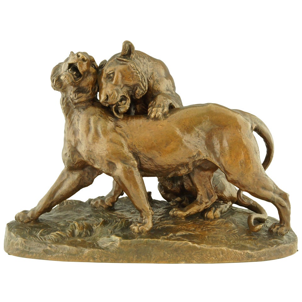 Impressionnante sculpture ancienne en bronze de deux lions par Carles Valton