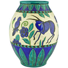 Charles Catteau Art Decor vase Keramis gazelles et oiseaux, Decor Kioto, 1924.