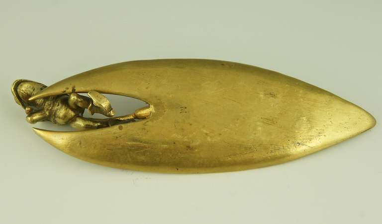 Antique Bronze Tray with a Frog Pulling a Leaf 2