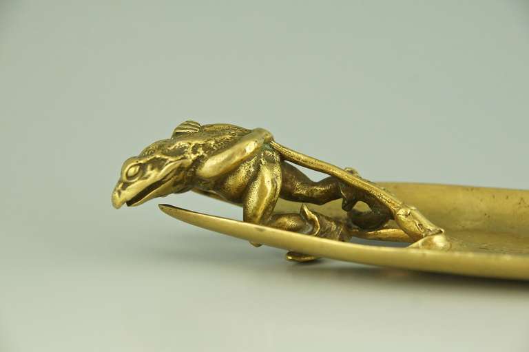Romantic Antique Bronze Tray with a Frog Pulling a Leaf