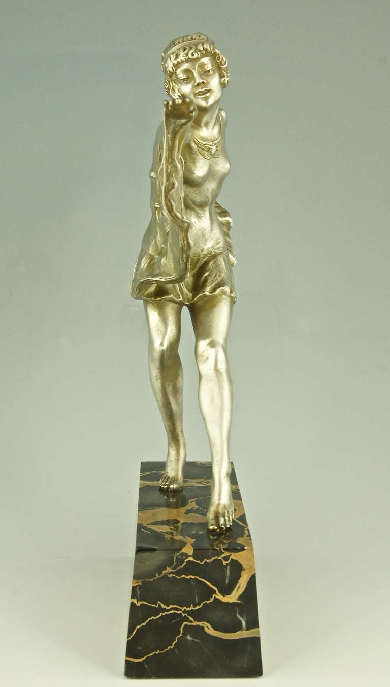 French Art Deco silvered bronze dancer with butterfly dress by Marcel Bouraine.