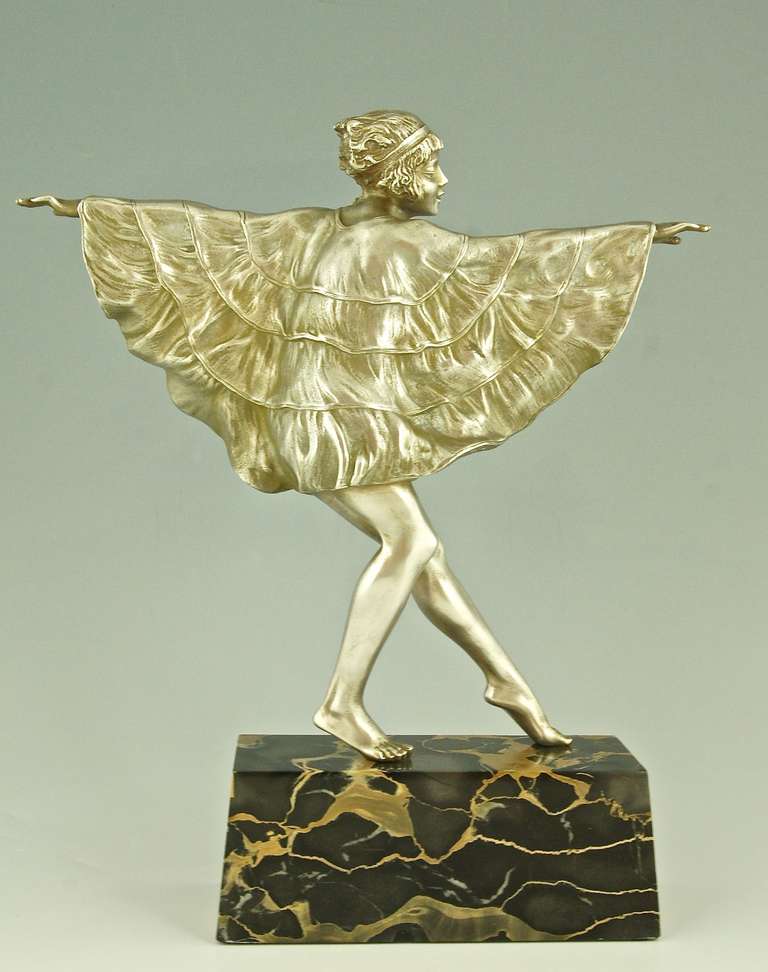 Art Deco silvered bronze dancer with butterfly dress by Marcel Bouraine. In Good Condition In Antwerp, BE