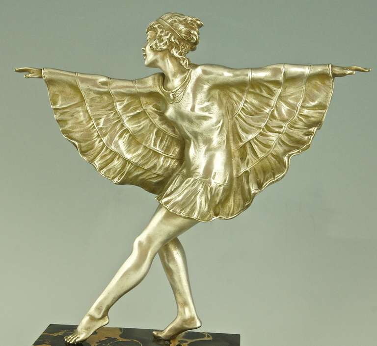 Art Deco silvered bronze dancer with butterfly dress by Marcel Bouraine. 2