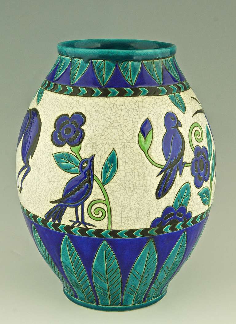 Charles Catteau Art Deco Keramis vase gazelles & birds, Decor Kioto, 1924. In Good Condition In Antwerp, BE