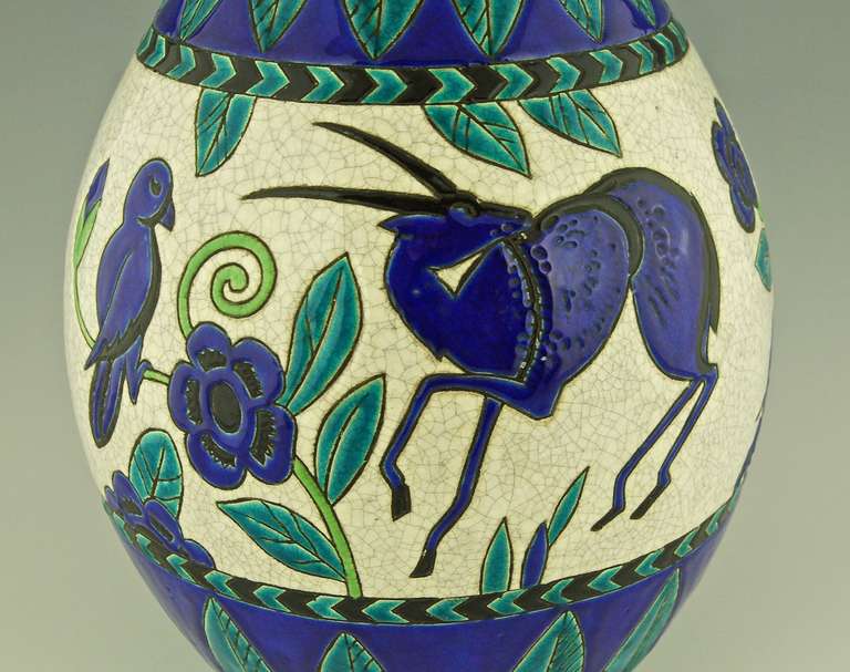 Charles Catteau Art Deco Keramis vase gazelles & birds, Decor Kioto, 1924. 2