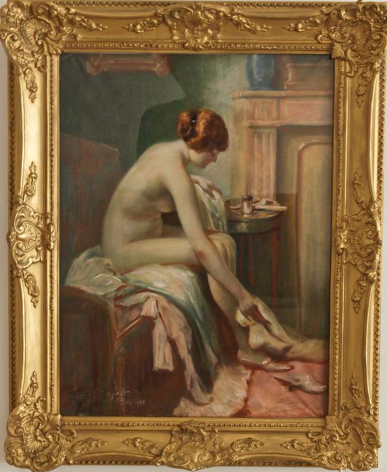 Nude in an interior signed by  Louis Dupont. 
Dated: Paris 1931.
	
Material:  Pastel on paper.  Glass. Framed.  		
Origin:  France. 			

Size of the frame:			 
H. 29.1 inch x L. 23.6 inch. x W. 3 inch. 
H. 74 cm  x L. 60 cm. x W. 7.5 cm.  